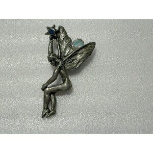Vintage Pewter Mythical Fairy Pendant Holding Star w Blue Crystal AB Wings